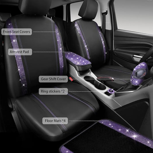 CAR PASS Bling Rhinestone Diamonds Car Seat Covers Leather Shining Rhinestone Car Floor mats Carpet with Anti-Slip Nibs Sparkly Car Accessories Sets Women Glitter Crystal Combo Set Violet Purple