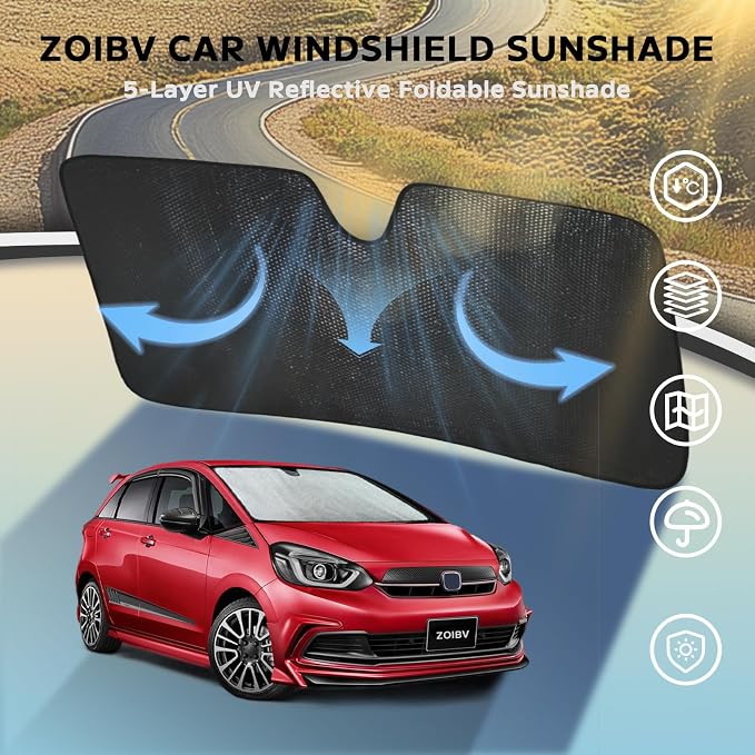 Car Windshield Sun Shade for 2007-2024 Honda Fit EX EXL Sport Engine Front Window Sunshade Sun Visor Protection Cover Accessories -5-Layer Bubble Foldable Thicken Blocks Heat & UV Rays Keep Car