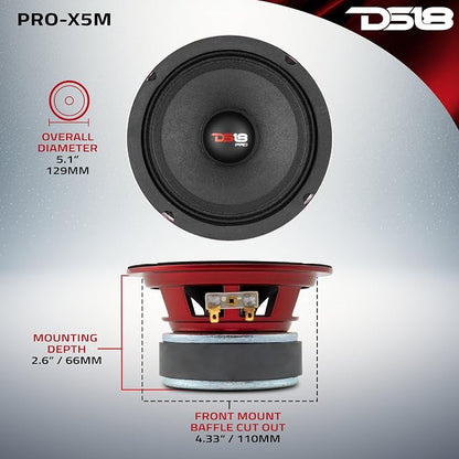 DS18 PRO-X5M Loudspeaker – 5.25" Midrange Speaker, Red Aluminum Bullet, 300W Max, 150W RMS, 4 Ohms - Premium Quality Audio Door Speakers for Car or Truck Stereo Sound System - 1 Speaker