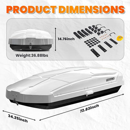 21 Cu Ft Cargo Box, Hard Shell Roof Cargo Carrier with Security Keys, 72.83" x 34.25" x 14.76" Roof Box, Dual-Sided Opening, Tool-Free Install, White