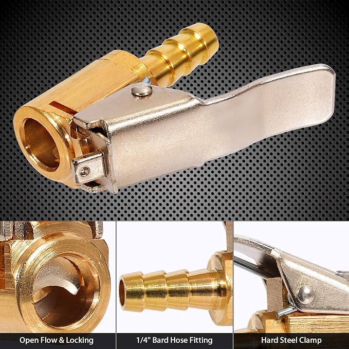 Toolwiz Lock on Air Chuck Inflate Locking with Clip, 1/4 Inch Brass Portable Tire Inflator Nozzle Presta Valve Adapter Tire Chucks Air Compressor Attatchments Hose End with Barb Connector,2pcs