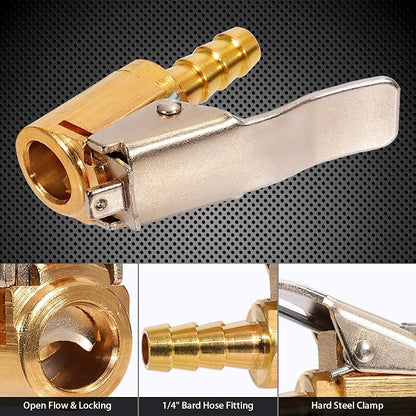 Toolwiz Lock on Air Chuck Inflate Locking with Clip, 1/4 Inch Brass Portable Tire Inflator Nozzle Presta Valve Adapter Tire Chucks Air Compressor Attatchments Hose End with Barb Connector,2pcs