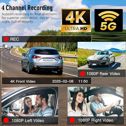 4 Channel 4K Dash Cam Front and Rear Inside, 360° View 1080P Dash Camera for Cars, Super Night Vision, Gravity Sensor, Loop Recording, WDR, 24H Parking Mode, WiFi & APP Control, with 64GB Card