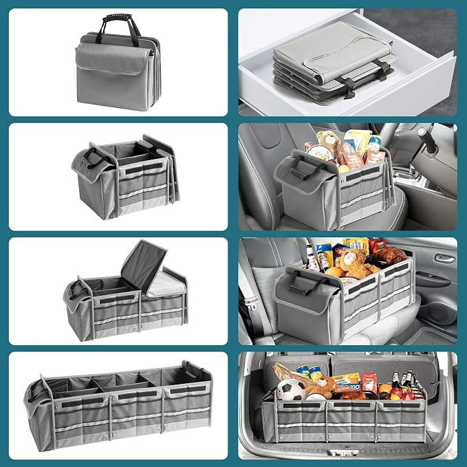 Snuopfy Car Trunk Organizer,115L Heavy Duty Collapsible Trunk Storage, with Insulated Leakproof Cooler Bag Vehicle Cargo Organizer with Lid, 3 Compartments, Straps For Car,Suv,Jeep,Sedan-Grey