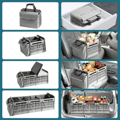 Snuopfy Car Trunk Organizer,115L Heavy Duty Collapsible Trunk Storage, with Insulated Leakproof Cooler Bag Vehicle Cargo Organizer with Lid, 3 Compartments, Straps For Car,Suv,Jeep,Sedan-Grey