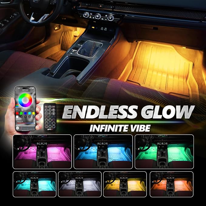OPT7 Aura Pro Interior Car Lights with App & Remote Control, Multicolor Change, Music Sync Inside Ambient Lighting Kit, Car SUV Van Under Dash Decor, 12V Charger Adapter, 4PC Single Row LED Strip