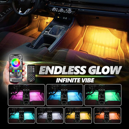 OPT7 Aura Pro 4PC Double LED Interior Car Strip Lights with APP & Remote Control, Multicolor Mode, Sound Active Neon Accent Lighting Kit, Footwell Floor Inside Decor Accessories, 12V Charger Adapter
