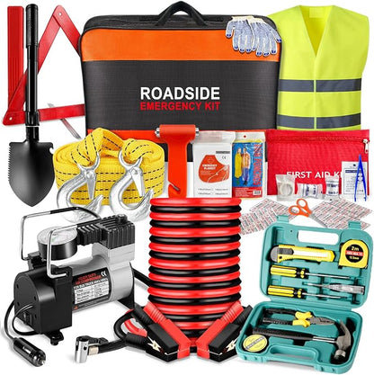 Car Emergency Kit with Air Compressor,Roadside Emergency Car Kit for Vehicles Auto Truck with Jumper Cables,Winter Car Safety Kit with Folding Shovel Car Repair Tool Set First Aid Kit Blanket Tow Rope