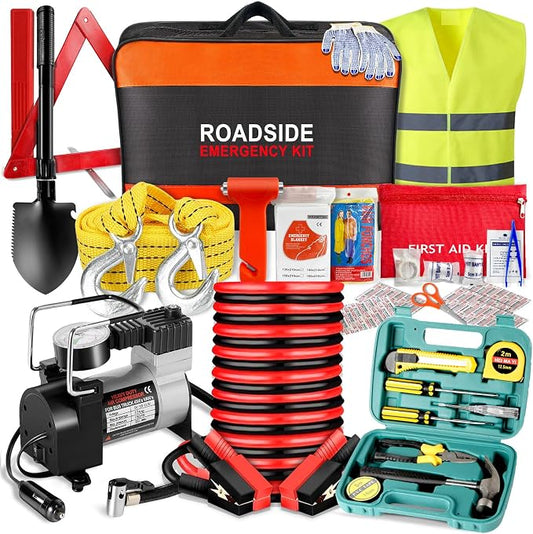 Car Emergency Kit with Air Compressor,Roadside Emergency Car Kit for Vehicles Auto Truck with Jumper Cables,Winter Car Safety Kit with Folding Shovel Car Repair Tool Set First Aid Kit Blanket Tow Rope