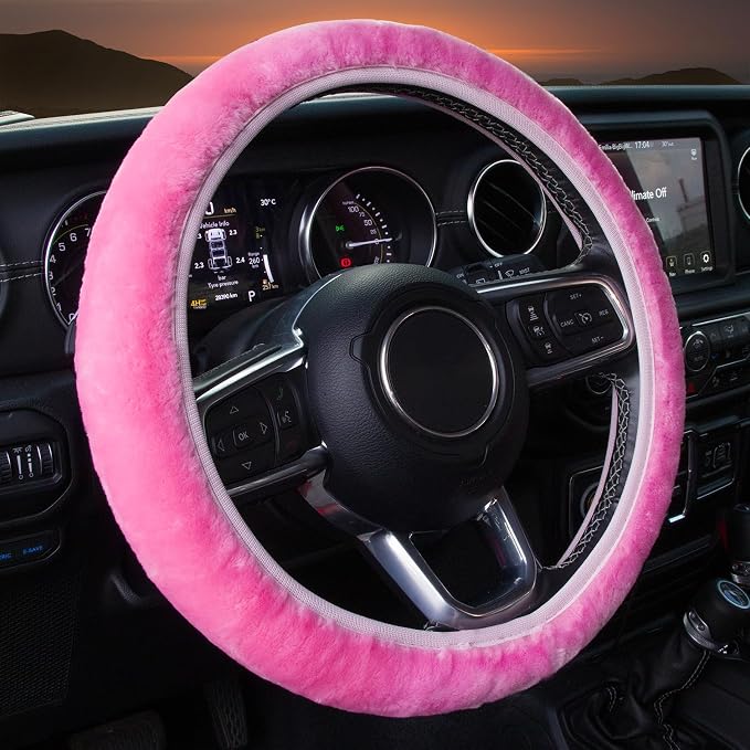 KAFEEK Pink Elastic Fuzzy Steering Wheel Cover,Microfiber Plush Steering Wheel Cover for Woman Girl,Winter Warm, Universal 15 inch