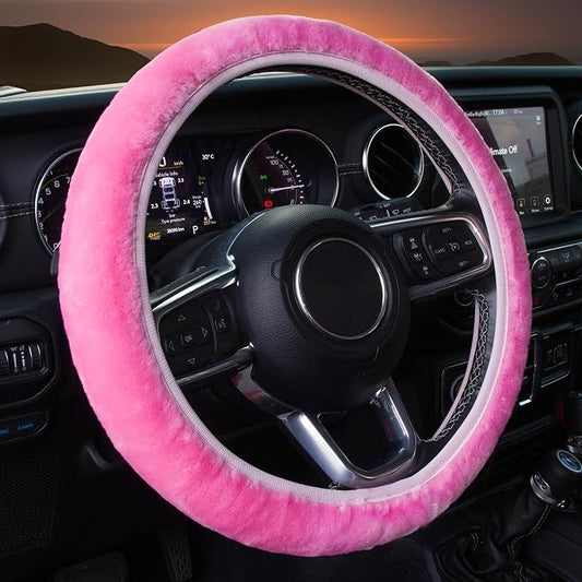 KAFEEK Pink Elastic Fuzzy Steering Wheel Cover,Microfiber Plush Steering Wheel Cover for Woman Girl,Winter Warm, Universal 15 inch