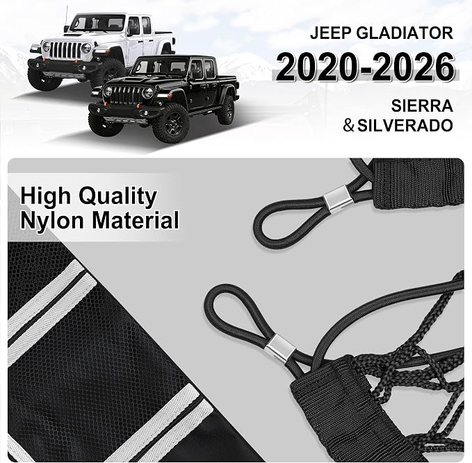 Amiss Truck Bed Cargo Net with Side Organizer, Compatible with Jeep Gladiator 2020-2025 2026 JT, Portable Storage for Pickup Cargo and Heavy Duty Hook, Exterior Accessories for Car SUV Truck