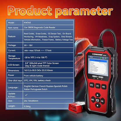 KONNWEI KW340 OBD2 Scanner Diagnostic Tool Code Reader for All OBDII Cars | Read & Clear Engine Codes, Live Data Stream, Battery Test, I/M Readiness, O2/EVAP Test, OBDII/EOBD