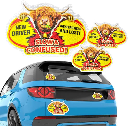 3 Pcs Reflective Student Driver Magnet and Stickers Set - Funny Animal New Driver Safety Signs for Car, Waterproof & Weatherproof High Visibility Vehicle Bumper Decals, Magnet + Stickers (Highland)