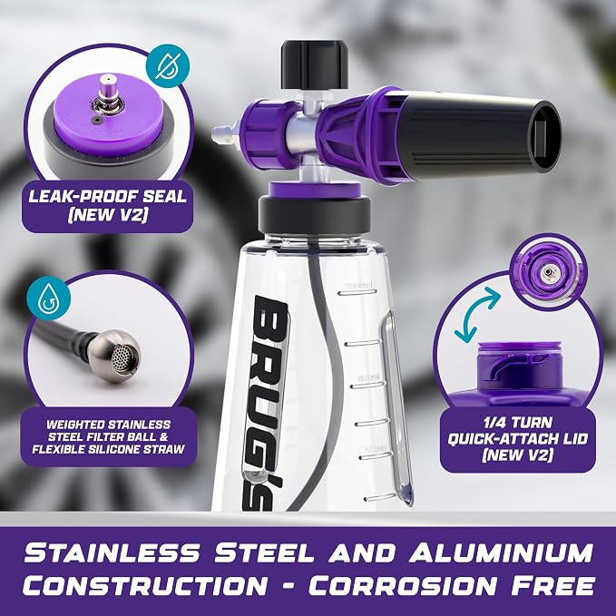 Brug's™ Pro Foam Cannon Clear Edition V2 - Professional Car Wash Foam Gun for Pressure Washer - Adjustable Spray Blaster, 1.1mm Orafice, Wide Neck Bottle, 1/4" Quick Connector - Snow Foam Cannon
