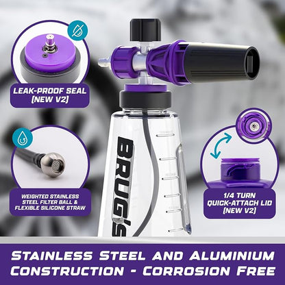 Brug's™ Pro Foam Cannon Clear Edition V2 - Professional Car Wash Foam Gun for Pressure Washer - Adjustable Spray Blaster, 1.1mm Orafice, Wide Neck Bottle, 1/4" Quick Connector - Snow Foam Cannon