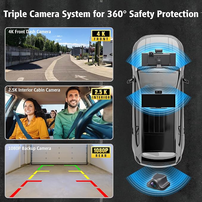 Portable Wireless CarPlay Screen, 10.26" Fully Laminated IPS Touch Screen Car Stereo with Wireless CarPlay & Android Auto, 4K Front 2.5K Rear Dash Cam,1080P Backup Camera,Super Link,Plug & Play