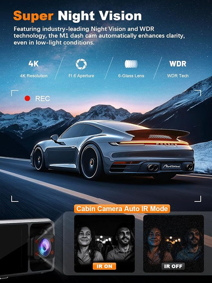 4K 3 Channel Dash Cam Front and Rear Inside, Built-in 5.8GHz WiFi GPS, 64GB Card Included, 4K+1080P+1080P Dash Camera for Cars, 3.18'' IPS Screen Dashcam with G-Sensor, 24H Parking Monitor