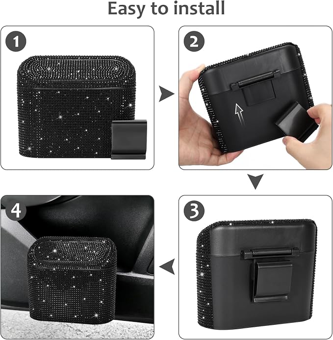 Accmor Bling Car Trash Can with Lid, Mini Vehicle Garbage Organizer Storage Bin Dustbin, Sparkling Crystal Rhinestone Holder Container with 30pcs Garbage Bags Car Accessories