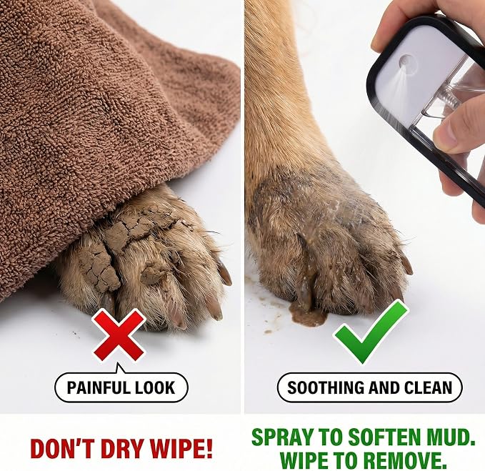 Dog Paw Cleaner Kit with Spray Bottle and Chenille Mitt | Portable paw wash set, microfiber mitt, waterproof storage bag for hiking and car trips