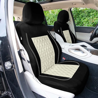 Universal Fit Diamond Stitched Flat Cloth Car Seat Covers Full Set - Beige