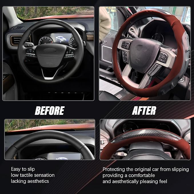 Breathable Leather Steering Wheel Cover with Non-Slip Grip for Enhanced Comfort - Designed for 15.35-16.14Inch Wheels on Pickup Trucks & Large SUVs. (15.74-inch red)