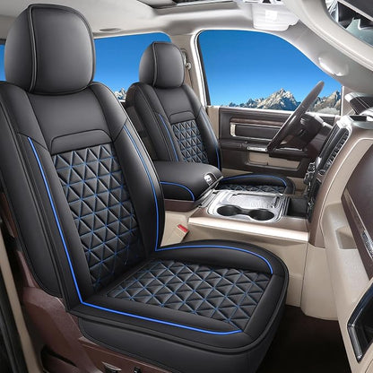 Coverado Car Seat Covers Full Set, Leather RAM 1500 Seat Covers Protectors Compatible with 2002-2026 Dodge RAM 1500 2500 3500 Crew Double Mega Quad Cab with Flat Bench, Black&Blue line