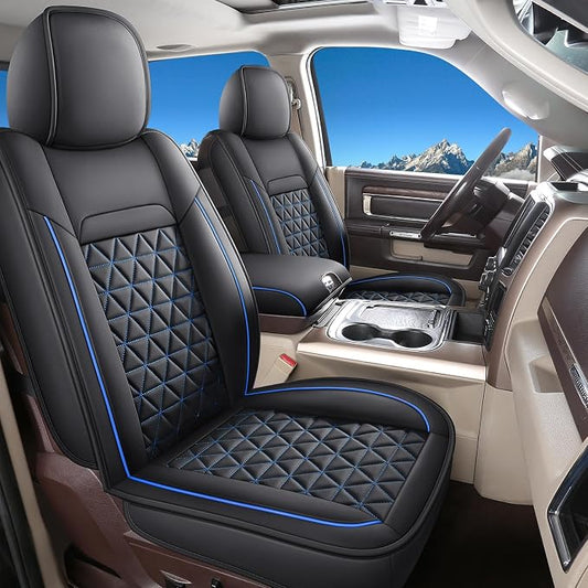 Coverado Car Seat Covers Full Set, Leather RAM 1500 Seat Covers Protectors Compatible with 2002-2026 Dodge RAM 1500 2500 3500 Crew Double Mega Quad Cab with Flat Bench, Black&Blue line