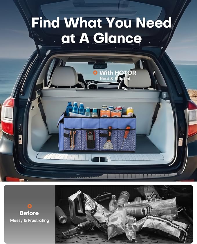 HOTOR Trunk Organizer for Car - Car Organizer, Foldable Trunk organizer for SUVs & Sedans, Sturdy Organization for Car Accessories, Tools, Sundries, Blue, 2 Compartments, 21.3"×12.6"×10.6" | Foldable