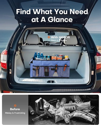 HOTOR Trunk Organizer for Car - Car Organizer, Foldable Trunk organizer for SUVs & Sedans, Sturdy Organization for Car Accessories, Tools, Sundries, Blue, 2 Compartments, 21.3"×12.6"×10.6" | Foldable