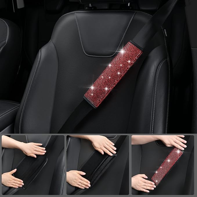 CAR PASS 11 PCS Bling Red Steering Wheel Cover Set for Women, Sparkly Rhinestone Diamond Bling Seat Belt Cushion, Glitter Shift Knob Cover, Car Cup Holder Coaster, Cute Interior Sets Red 14.5"-15"