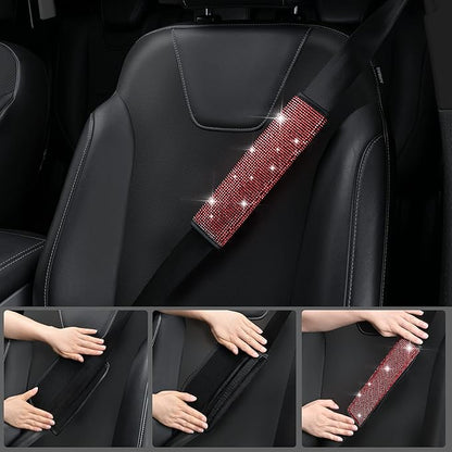 CAR PASS 11 PCS Bling Diamond Car Mats Set for Women Girls, Sparkly Rhinestone Steering Wheel Cover, Waterproof Floor Mats Universal Fit for SUV,Vans,Sedans,Trucks Anti-Slip, Interior Sets Black Red