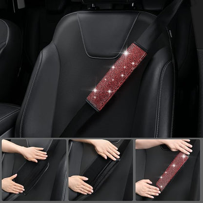 CAR PASS 23 PCS Bling Diamond Car Accessories Set for Women, Leather Car Seat Covers Full Set Sparkly Rhinestone15'' Steering Wheel Covers Shining Diamond Car Floor Mats Cute Car Interior Sets, Red