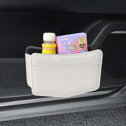 Car Trash Can Small Leather Vehicle Trash Bin Car Dustbin Garbage Organizer Holder with Trash Bag Foldable Mini Cars Storage Bag Container for Auto SUV Van Trucks (White,Clip on)