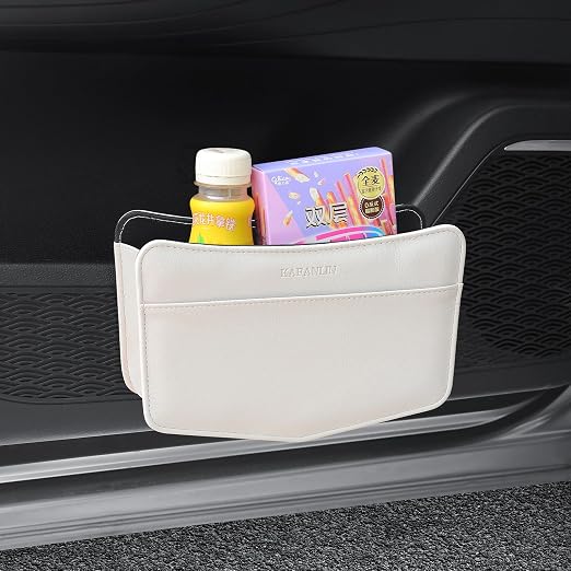 Car Trash Can Small Leather Vehicle Trash Bin Car Dustbin Garbage Organizer Holder with Trash Bag Foldable Mini Cars Storage Bag Container for Auto SUV Van Trucks (White,Clip on)