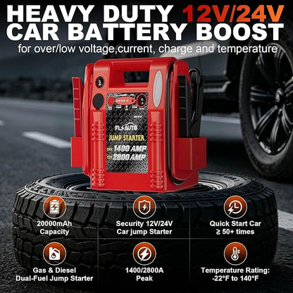 2800A/1400A Heavy Duty 12V/24V Car Jump Starter & Battery Booster – Jumper Pack, Lead-Acid Emergency Power for Cars, Trucks, SUVs, Boats, RVs | FlyAuto