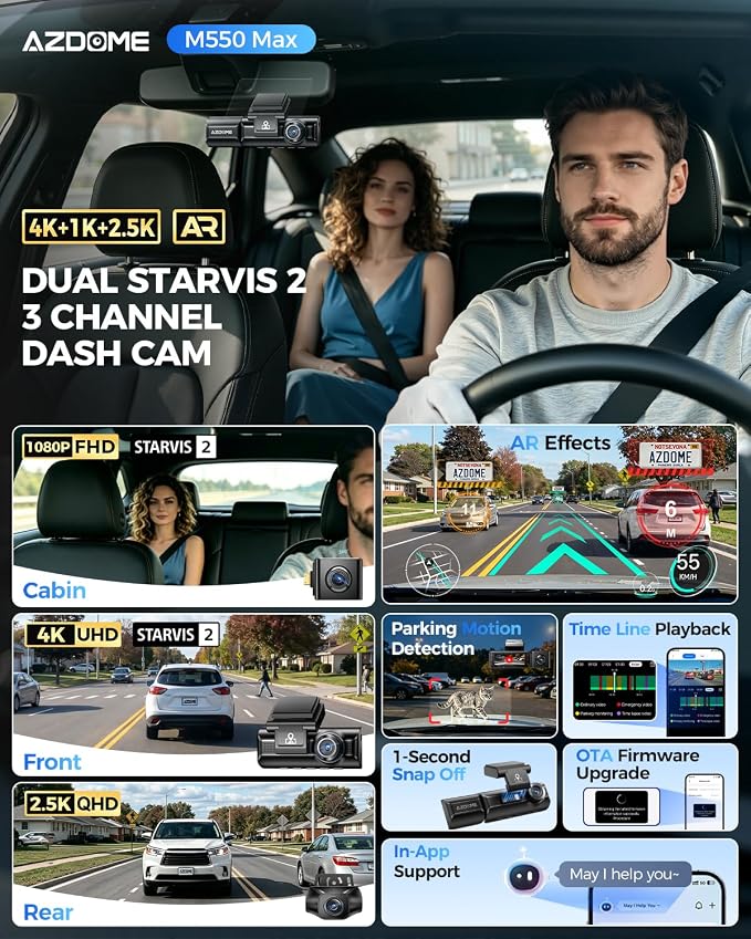 AZDOME M550 Max 4K 3 Channel Dash Cam, Dual STARVIS Sensors, 4K+2.5K+1080P Front and Rear Inside Triple Car Camera, Built-in WiFi GPS, 64GB Card Included, IR Night Vision, Ride Share Accessories