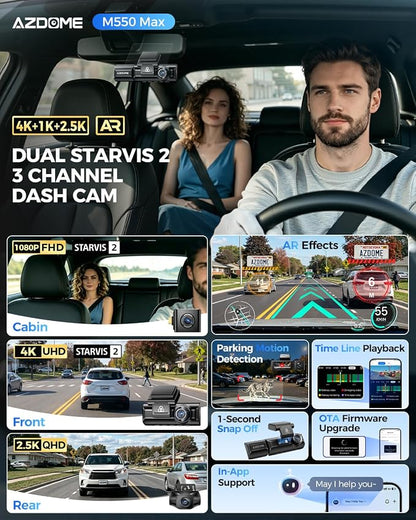 AZDOME M550 Max 4K 3 Channel Dash Cam, Dual STARVIS Sensors, 4K+2.5K+1080P Front and Rear Inside Triple Car Camera, Built-in WiFi GPS, 64GB Card Included, IR Night Vision, Ride Share Accessories