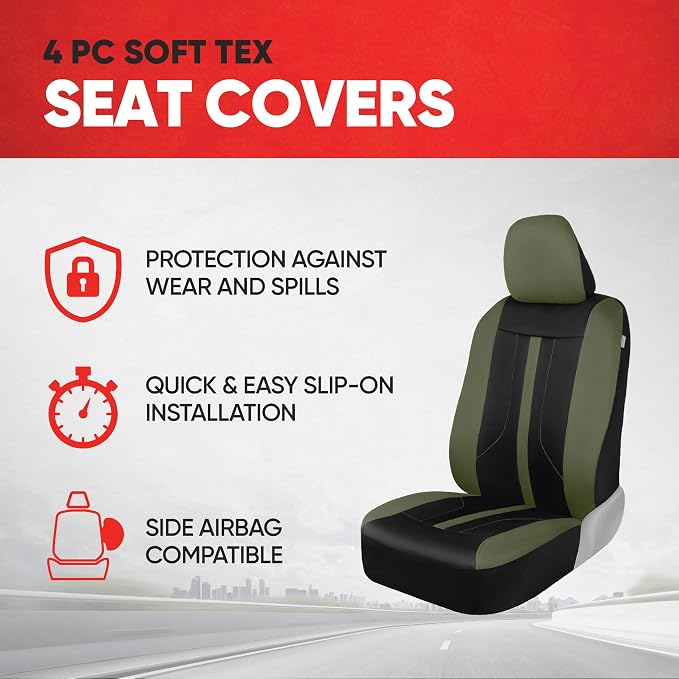 Motor Trend Front & Rear Car Seat Covers Full Set - Green Cloth Bucket Seat Covers for Front Seats + Waterproof Rear Split Bench Cover – Universal Fit for Car Truck SUV Van Interior Protection