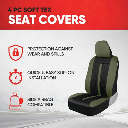 Motor Trend Front & Rear Car Seat Covers Full Set - Green Cloth Bucket Seat Covers for Front Seats + Waterproof Rear Split Bench Cover – Universal Fit for Car Truck SUV Van Interior Protection