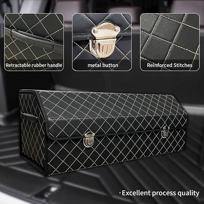 Car Trunk Organizer with Lid,Foldable Faux Leather Cargo Storage Box,3 Compartments,Collapsible Multi-Functional for SUV,Sedan,Vehicle Trunk