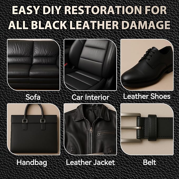 Black Leather Repair Kit for Furniture, Leather Couch Repair Kit for Car Interiors, Seats, Steering Wheel, Sofa, Shoes, Restore Leather Scratch, Tears & Burn Hole with Easy Instructions