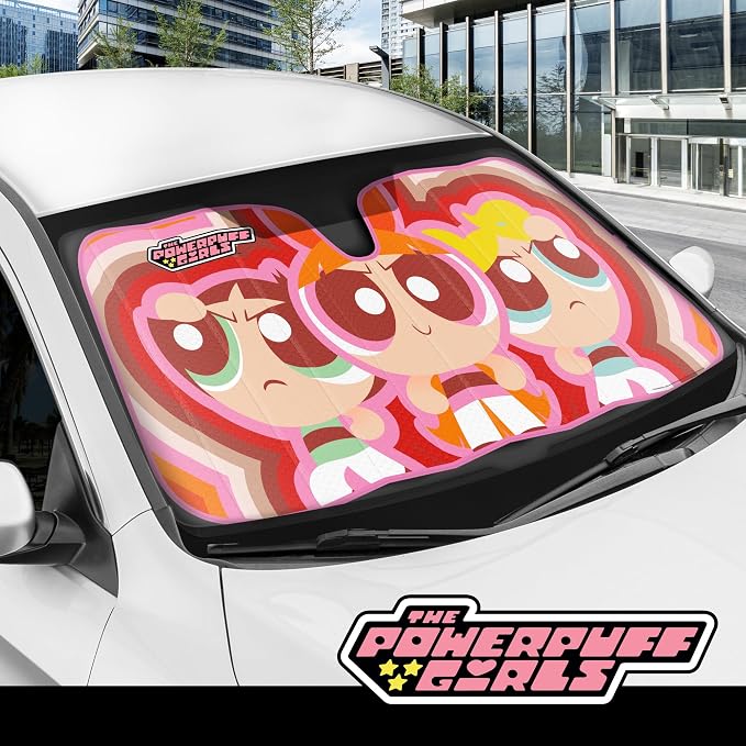 The Powerpuff Girls Car Windshield Sun Shade, Officially Licensed Accordion Style Sunshade for Car Window, Cute Cartoon Car Sun Shade Windshield for Front Window