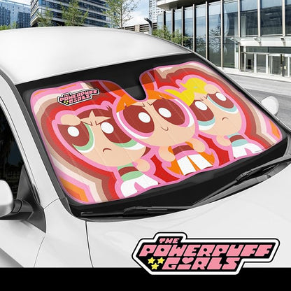 The Powerpuff Girls Car Windshield Sun Shade, Officially Licensed Accordion Style Sunshade for Car Window, Cute Cartoon Car Sun Shade Windshield for Front Window