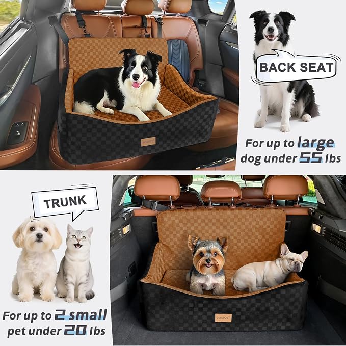 JOEJOY Dog Car Seat for Medium/Large Dogs - Reversible Dual-Sided Travel Dog Car Bed with Memory Foam, Washable Pet Booster Seat for Dogs up to 55 lbs or 2 Small Dogs, 2 Safety Leashes, Brown