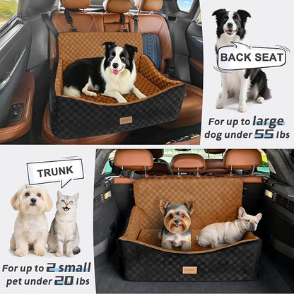 JOEJOY Dog Car Seat for Medium/Large Dogs - Reversible Dual-Sided Travel Dog Car Bed with Memory Foam, Washable Pet Booster Seat for Dogs up to 55 lbs or 2 Small Dogs, 2 Safety Leashes, Brown