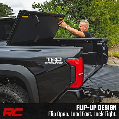 Rough Country Hard Tri-Fold Flip Up Tonneau Cover for Toyota Tacoma (2024-2026) - Flush Aluminum Bed Cover, Fits 6' Bed w/Utility Rail System