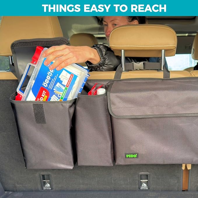 PIDO Hanging Trunk Organizer, Backseat Trunk Organizer for SUV, Hanging Car Storage Bag with Large Pockets for Sedan, Truck, Van, Upgraded Premium 1680D Oxford, Space Saving Car Interior Accessory