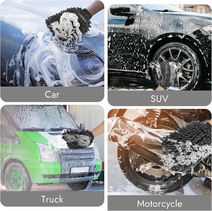 3 Pack Chenille Microfiber Car Wash Mitt, 7" x 9.6" Car Washing Mitts, Home Dusting Gloves, Scratch Free Lint-Free, Highly Absorbent, Double Sided, for Cleaning Detailing Polish (Grey)