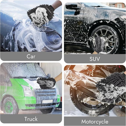 3 Pack Chenille Microfiber Car Wash Mitt, 7" x 9.6" Car Washing Mitts, Home Dusting Gloves, Scratch Free Lint-Free, Highly Absorbent, Double Sided, for Cleaning Detailing Polish (Grey)